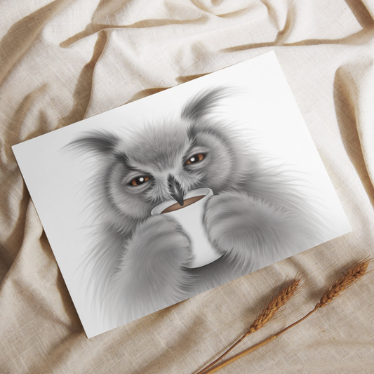 Pöllö ja kahvikuppi -Postikortti - ArtByAnnaK
