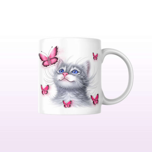 Katt grå och rosa fjärilsmugg (kattraser, kattmugg, kattmugg, kattunge, vän) 