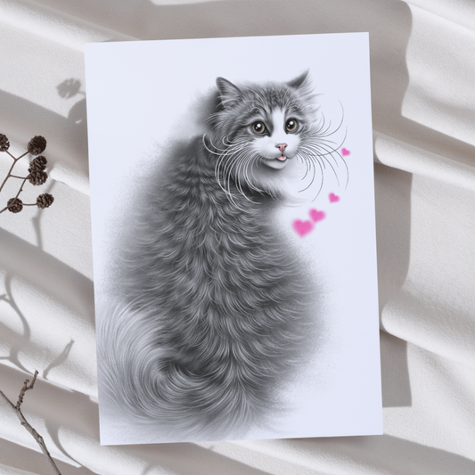 Black and White Cat Sitting -Art Print (Cat Breeds, Kitty)