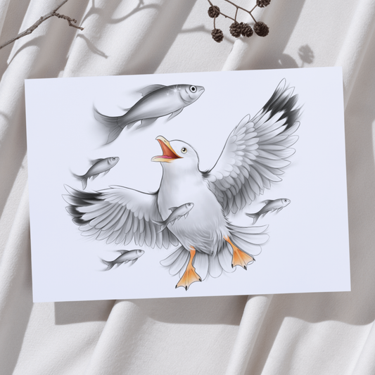 Lokki ja kalat -Taideprintti (Lintu) - ArtByAnnaK