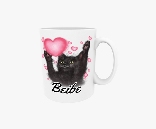 Beibe / Svart kattunge och hjärtan - Textmugg