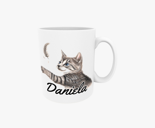 Daniela / Grå katt och fjäder - Namnmugg