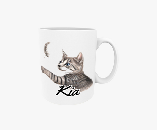 Kia / Grå katt och fjäder - Namnmugg
