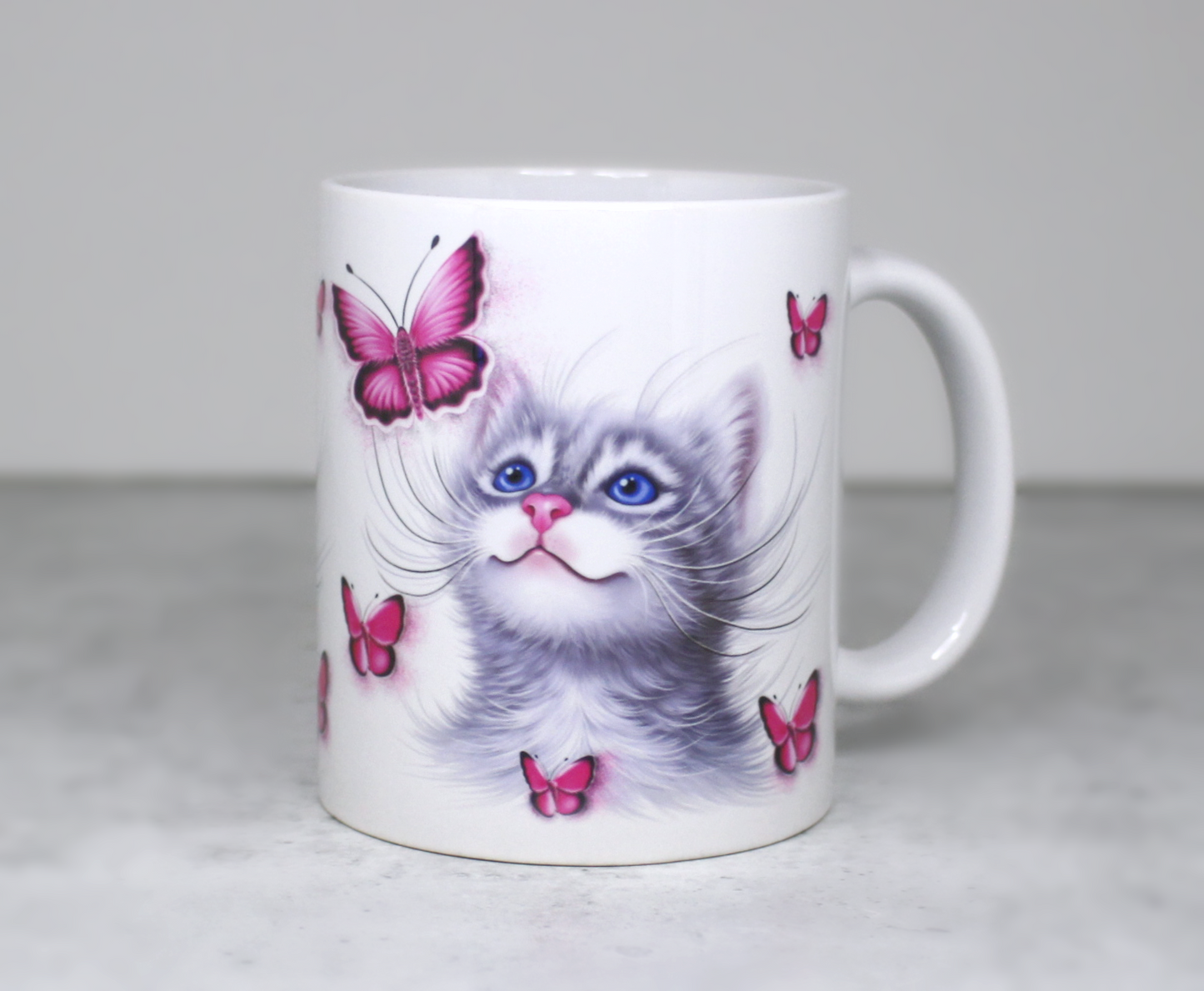 Cat Gray and Pink Butterflies Mug (Cat Breeds, Cat Mug, Cat Mug, Kitten, Friend) 