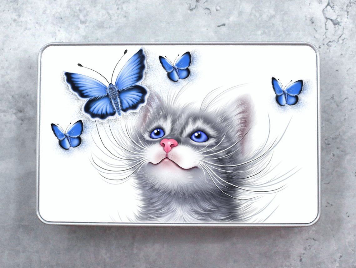 Cat Grey and Blue Butterflies - Tin Box (Cat Breeds, Kitten, Kitty)