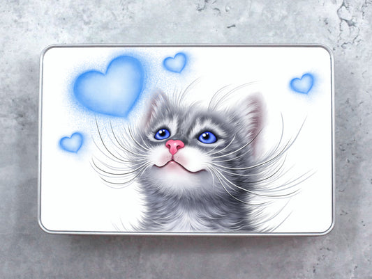 Cat Gray and Blue Hearts - Tin Box (Cat Breeds, Kitty, Kitten Friend)