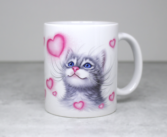 Katt grå och hjärtan mugg (kattraser, kattmugg, kattmugg, kattunge, vän) 