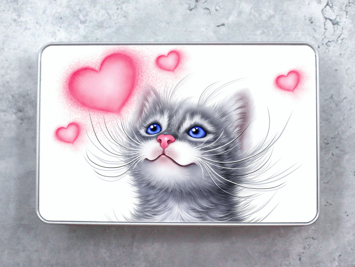 Cat Gray and Hearts - Tin Box (Cat Breeds, Kitty, Kitten, Friend)