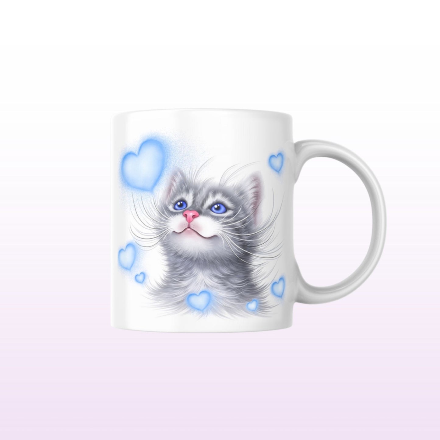 Cat Gray and Blue Hearts Mug (Cat Breeds, Cat Mug, Cat Mug, Kitten, Friend) 