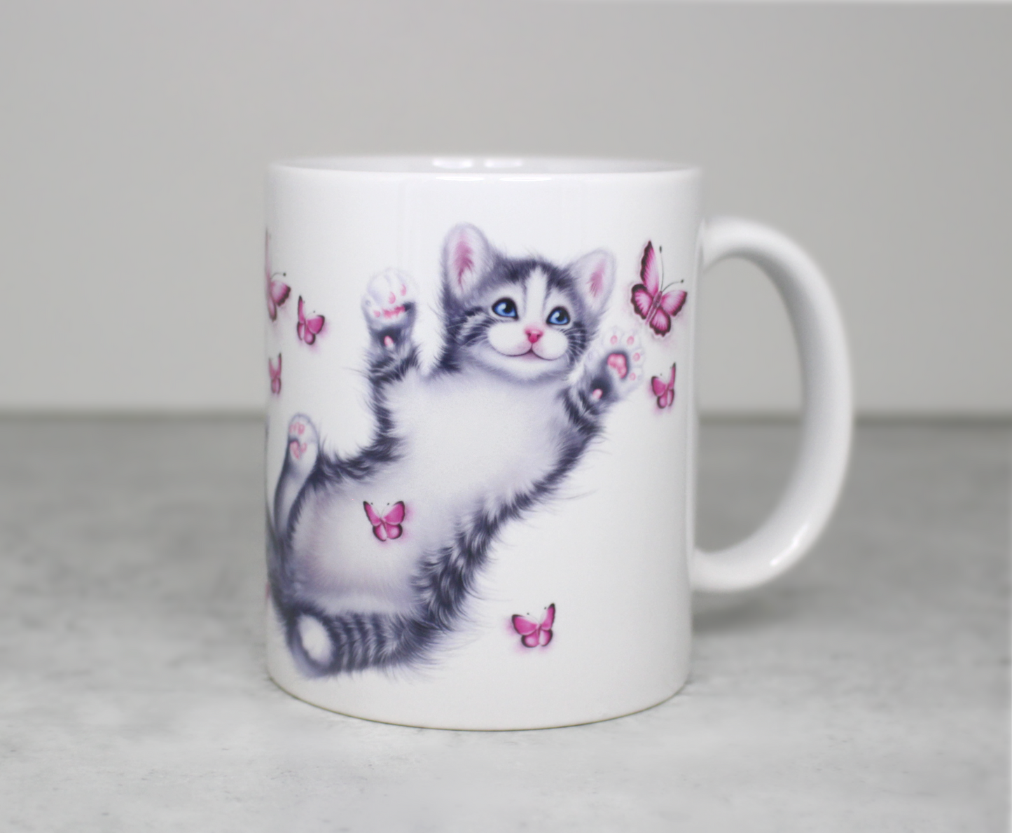 Kitten and Pink Butterflies Mug (Cat Breeds, Cat Mug, Kitty) 