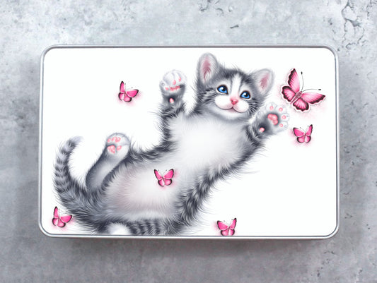 Kitten and Pink Butterflies Tin Box (Cat Breeds, Kitty)