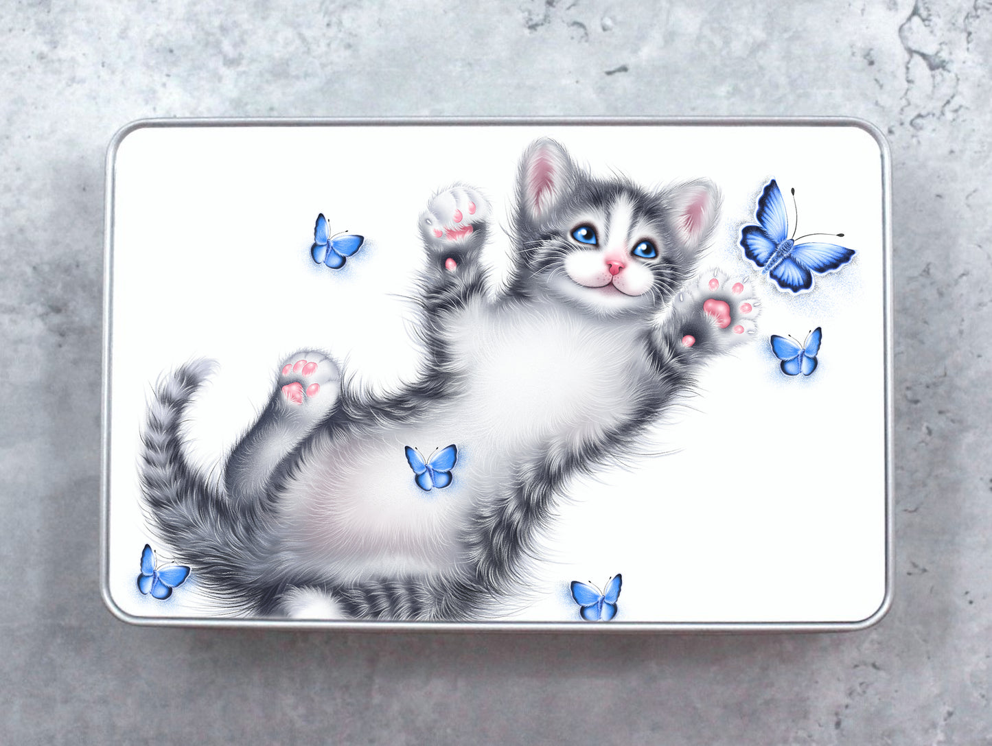 Kitten and Blue Butterflies Tin Box (Cat Breeds, Kitty)