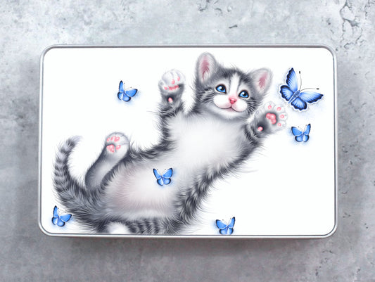 Kitten and Blue Butterflies Tin Box (Cat Breeds, Kitty)