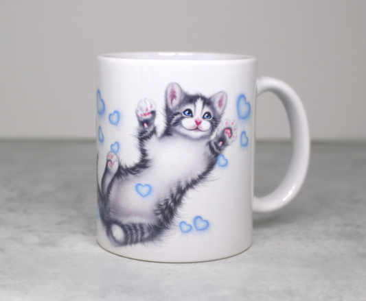 Mugg med kattunge och blå hjärtan (kattraser, kattmugg, kattunge) 