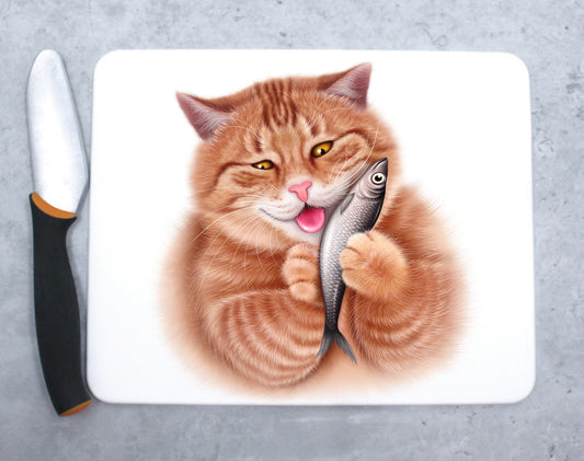 Katt slickar fisk - skärbräda (kattunge)