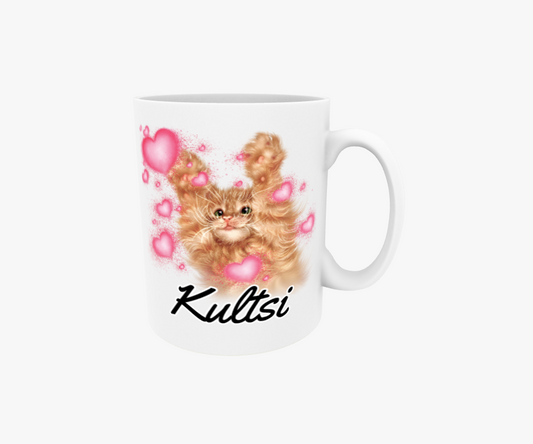 Kultsi / Röd kattunge och hjärtan - Textmugg
