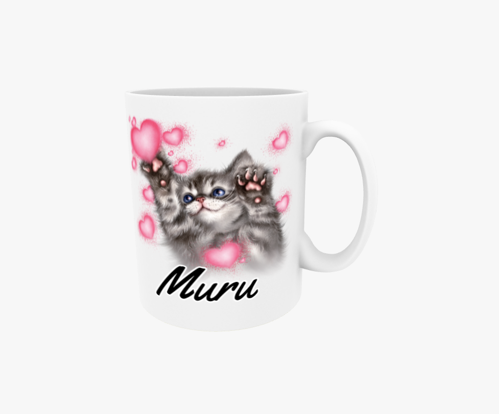 Muru / Grå kattunge och hjärtan - Textmugg