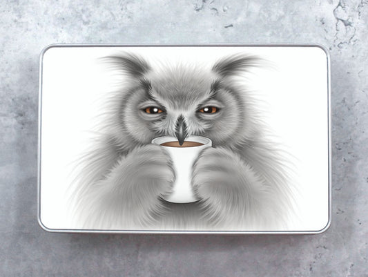 Pöllö ja kahvikuppi -Peltirasia - ArtByAnnaK