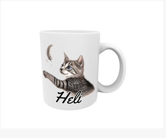 Heli / Grå katt och fjäder - Namnmugg