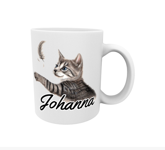 Johanna / Gray Cat and Feather Mug