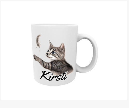 Kirsti / Grå katt och fjäder - Namnmugg