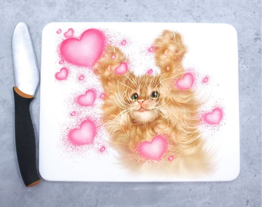 Red Kitten and Hearts Cutting Board (Cat Breeds, Kitty)