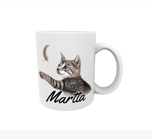 Martta / Grå katt och fjäder - Namnmugg