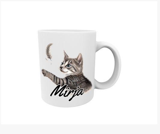 Mirja / Grå katt och fjäder - Namnmugg