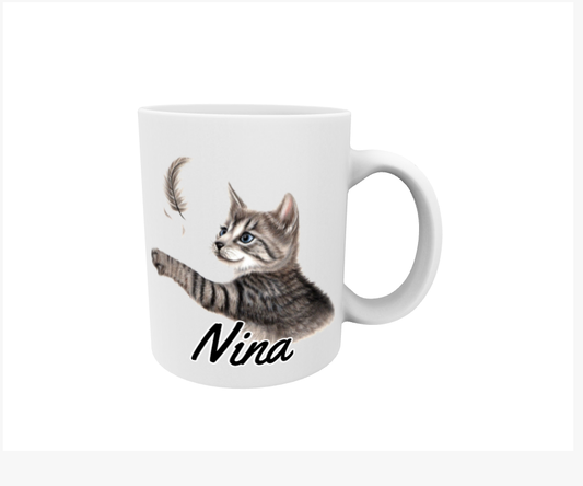 Nina / Grå katt och fjäder - Namnmugg