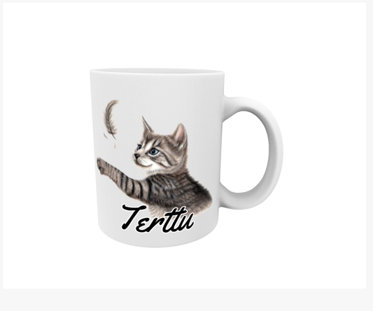 Terttu / Grå katt och fjäder - Namnmugg