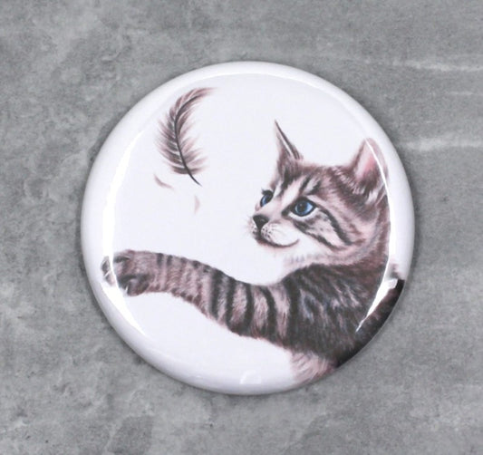 Grå katt och fjäderknapp (kattraser, kattunge)